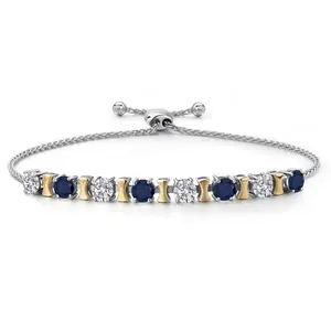925 Silver and 10K Yellow Gold Lab Grown Diamond and Blue Sapphire Bracelet For Women | 2.48 Cttw | Gemstone April Birthstone | Round 4MM | Adjustable up to 9 Inch