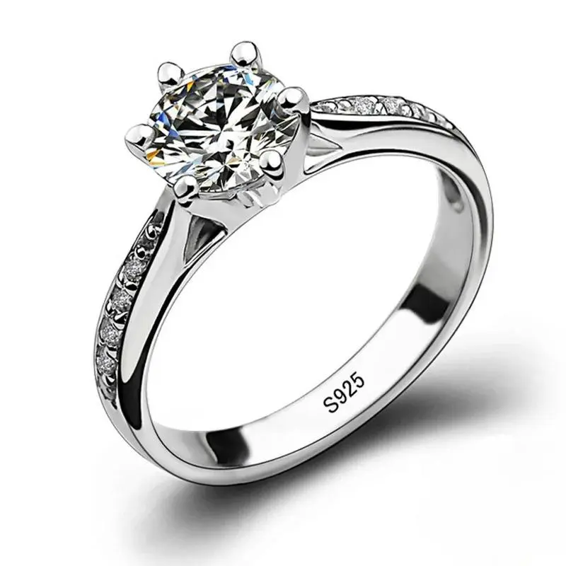 Women's S925 Silver 6-Pointed CZ Ring - 2026 TikTok Popular US Style, Curved Band with Side Accent Stone, Classic Single-P engagement erson Elegant Crown Jewelry, Women's Gift