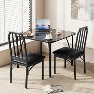 Glass Dining Table Set for 2, Kitchen Table and Chairs for 2 with with Chamfer Design, 3 Piece Dining Room Table Set with Cushion Seats for Small Space, Home Kitchen, Apartment-Glass