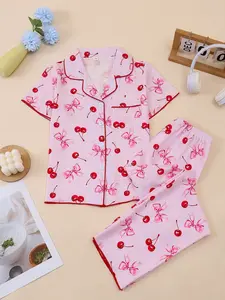 Girls' Short-Sleeve & Long-Pants Pajama Set, Pastel Cute Pajamas, Light Pink Cherry & Bow Print Collared Cardigan, Color-Blocked Trim Kids' Two-Piece Loungewear, Princess-Style Sleepwear, Bubble Crepe Fabric: Soft & Skin-Friendly