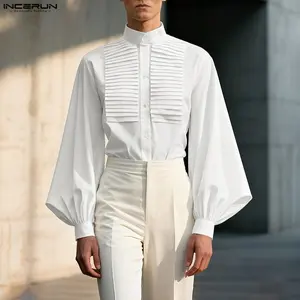 INCERUN Mens Victorian Puff Sleeve Shirt Pleated Tuxedo Top Lantern Sleeve Vintage Party