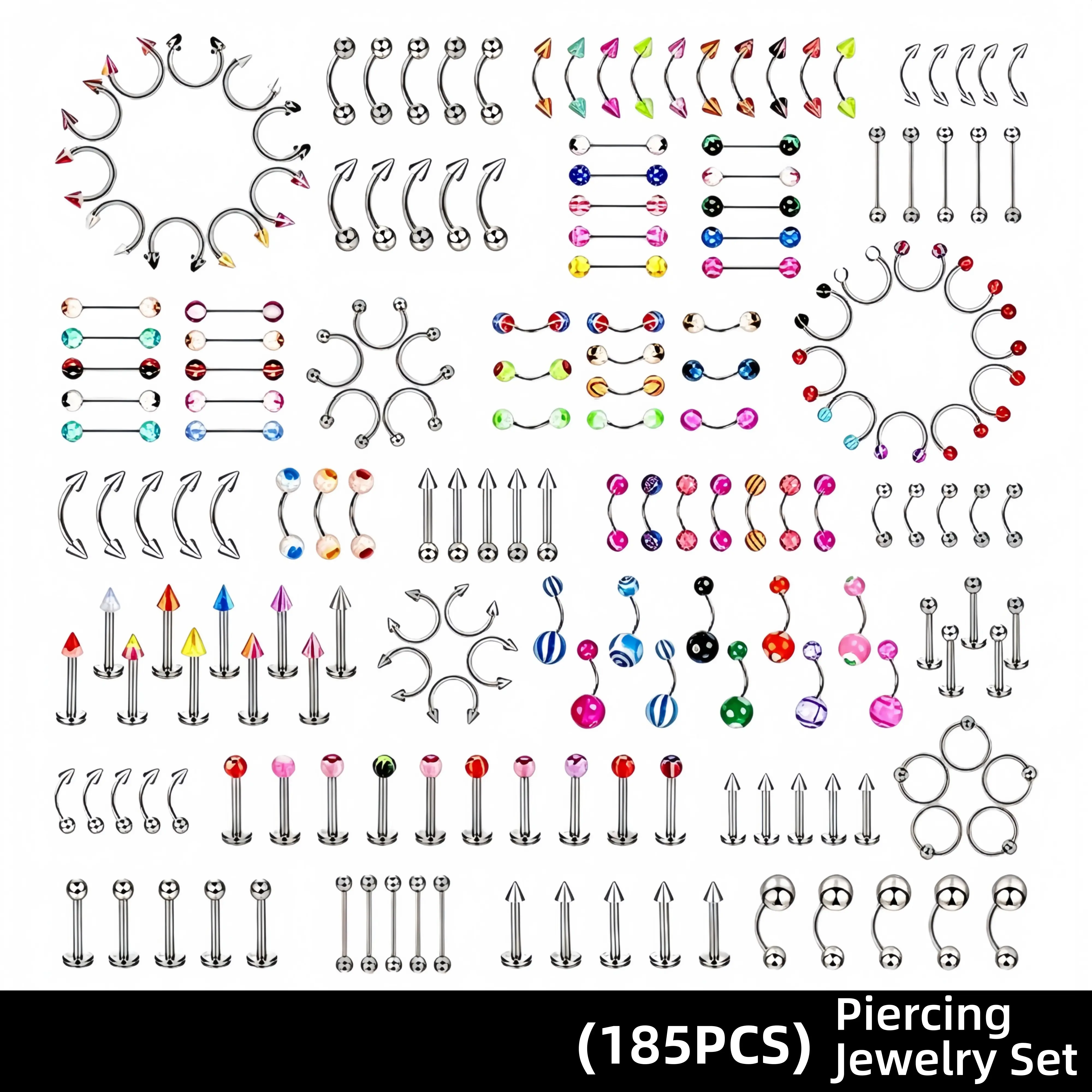 185pcs Body Piercing Jewelry , Tongue Nipple Rings Eyebrow Lip Belly Button Barbell Nose Piercing Tragus Navel body jewelry for women piercings 14g-18g stud
