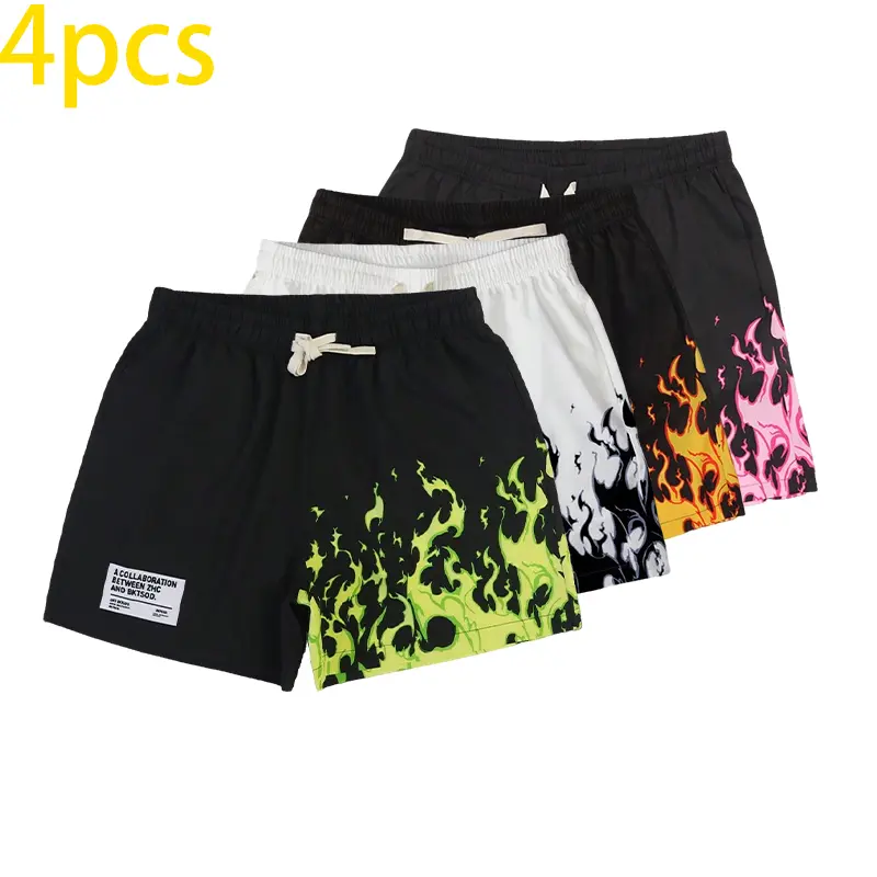 Men's 4-Pack Mixed-Color Flame Print Stretch Athletic Shorts - Slim Fit Compression Training Bottoms with Elastic Waist, Breezy Tropical Streetwear Basketball Cargo Shorts for Summer Activewear, Mixed-Color Men's Shorts, Stretch Men's Shorts