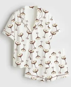 Espresso Martini Satin Pajama Set Print Short Sleeve Satin Pajama Set, Pyjama for Women, Bridal Party Outfit, Bachelorette Party, Bachelorette Bride Set, Pajama Sleepwear, Nightwear Set for Her (No pocket)