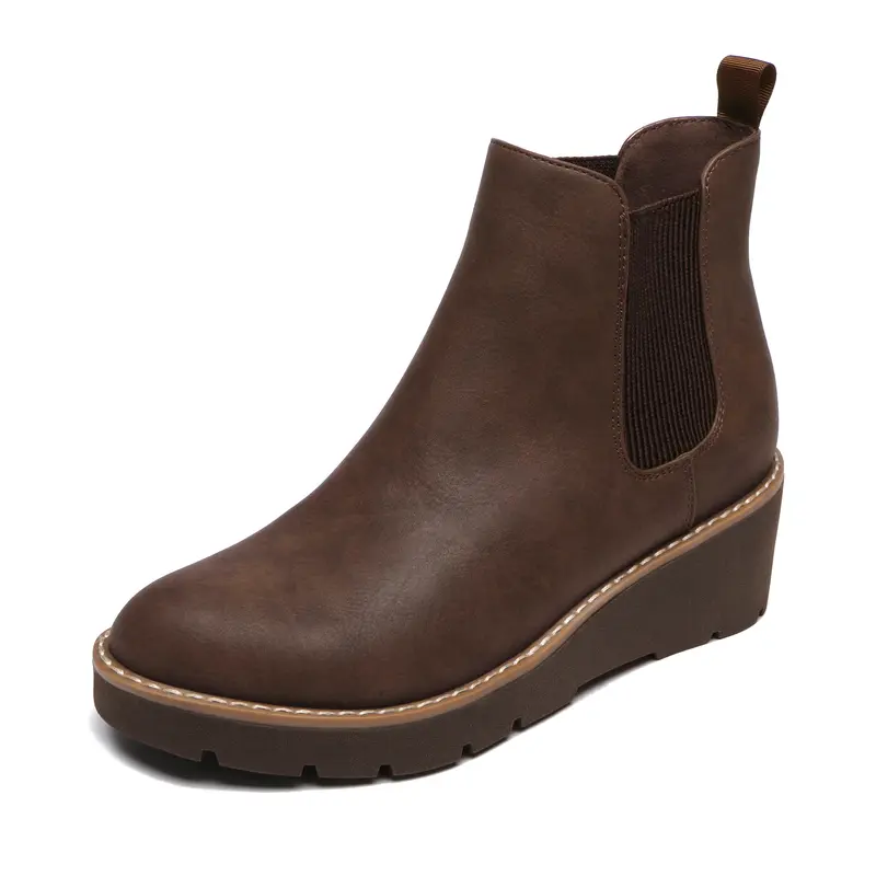 Women's Chelsea Boot Heels - Slip-On, Elastic Band, Ankle Height, Platform Lug Sole, PU Footwear, Cloth Footbed, Stable, Casual, Comfortable, Round Toe, Rubber Sole Shoes