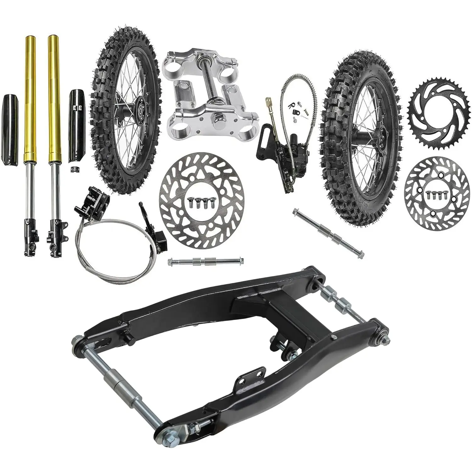 Complete Disc Brake Wheel Kit 17" & 14" Dirt Bike Wheels 70/100-17, 90/100-14 Tire Rim + Front Forks Triple Tree + Rear Swing Arm for Pit Bike Taotao Apollo RFZ 125cc 150cc KX85 RM85