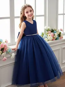 Christmas Long Dress for Girls, V Neck with Big Bow, Mid-Waist Rhinestone Design, Multi-Layer Mesh, Perfect for Piano Performance