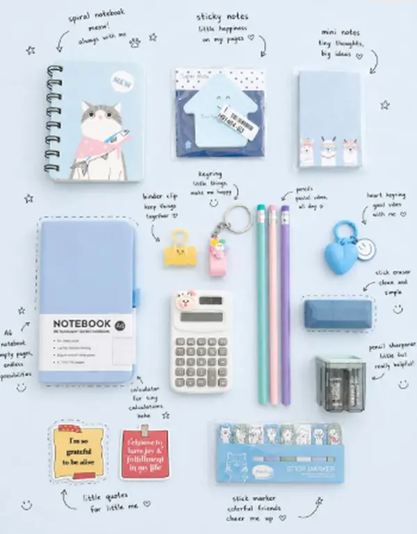 School Supply Favor Box: Notebook, Pens, Stickers, Calculator, Keyring