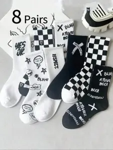 Women's Chessboard Pattern Letter Graffiti Socks, Random Color Pack, Spring & Fall Street Style Fashion Long Socks for Students