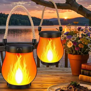 2 Pack Solar Flame Lantern Lights - Flickering Flame Hanging Lanterns Outdoor, Waterproof Garden Lights with 2 Modes Dual Charging USB & Solar Yard, Patio Decor