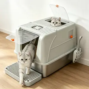 Stainless Steel Litter Box with Lid, Extra Large Enclosed Metal Cat Litter Box for Big Cats,Multiple Cats,with Litter Scoop & Foot Pedal, Innovative Flip-Top Litter Box Leak-Proof durable Easy To Clean And Odorles Spacious Convenient Cat Litter Box