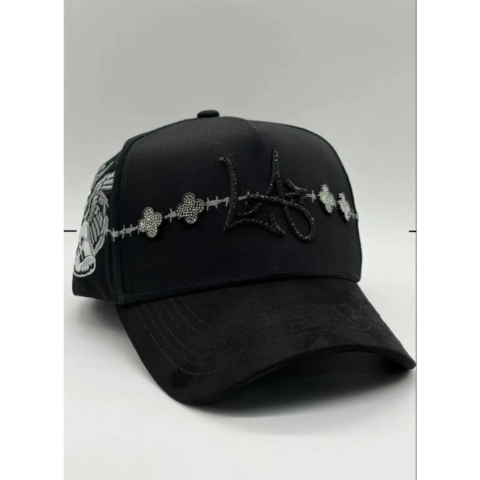 RICO HATS LA VANCLEEF Black Baseball Cap with Embroidered Logo and Floral Design No Box