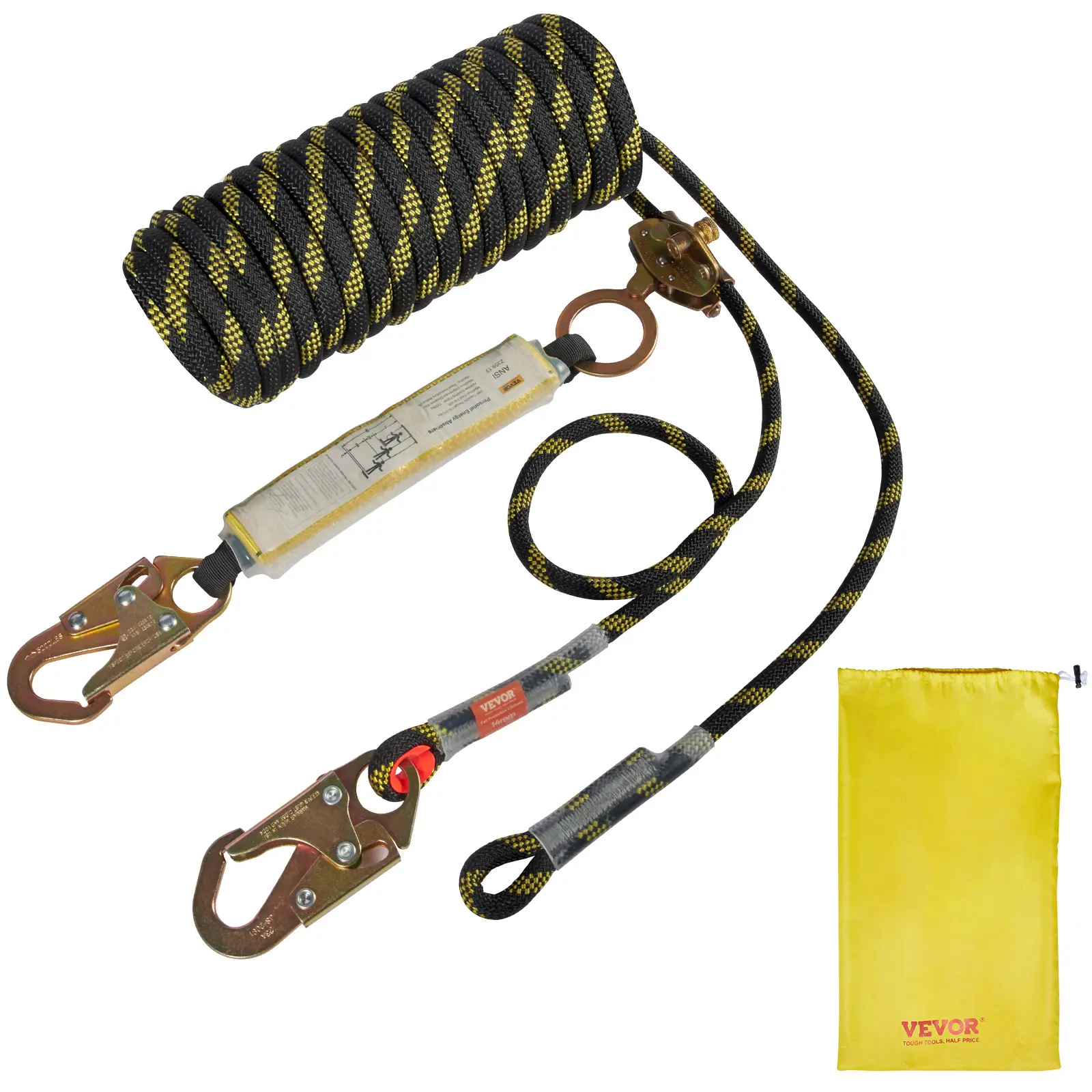 VEVOR Vertical Lifeline Assembly, 0.55'' x 50' Fall Protection Rope with 30 KN Breaking Tension, Polyester Roofing Rope with Steel Snap Hooks, Rope Gr
