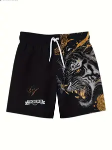 Men's Printed Vacation Tiger Head Summer Beach Pants, Adjustable Drawstring Waist, Suitable for Beach and Summer Outings