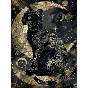 30X40cm Full Round Diamond Painting, Mysterious Star Moon Totem Black Cat, Fantasy Mysterious Style Black Gold Totem Black Cat + Star Moon Constellation Background Pattern, Cute Pet Cat Totem Texture, Star Moon Glitter Details, Mysterious Night Landscape