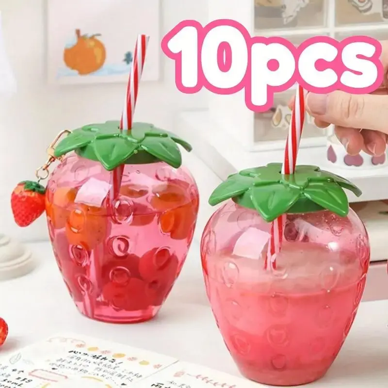 10 Strawberry Shape Plastic Party Cups with Realistic Leaves and Stems, Reusable Non-Drink Containers for Summer Camping, Parties, Weddings, Birthdays, Pools, Gift Cups