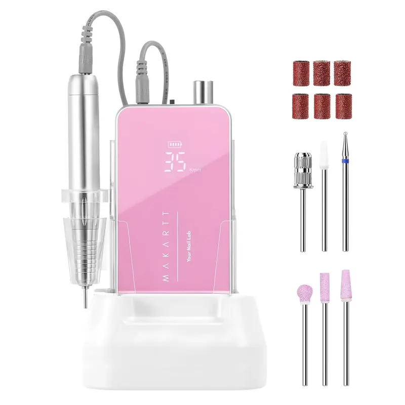 Makartt Nouvella Professional Cordless Rechargeable Nail Drill - 35000RPM Coreless Motor, Quiet Operation Efile, 2500mAh, LCD Control Display, 6 Sanding Bands, 1 Power Supply, Bit Set, Smooth Nail Care Tools for Acrylic Gel, Home/Salon Users, Pink