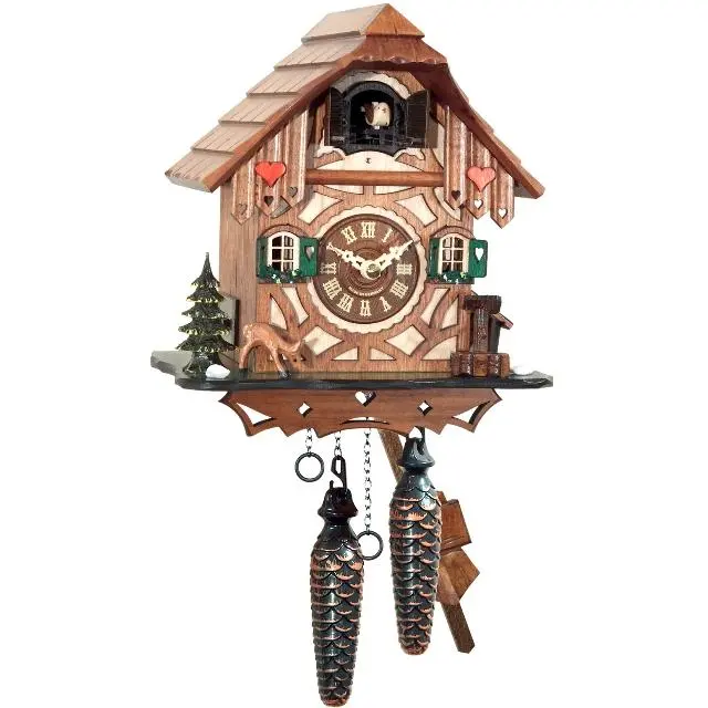 212 MAIN Alexander Taron 413QM Engstler Full-Size Natural Wood Cuckoo Clock - 9"x8"x6.5", Battery-Operated Quartz, Musical, Hearts Design, Chalet Shape, Basic Holiday Home Decor, Decoration Items, Ideal Gift (Batteries Required)