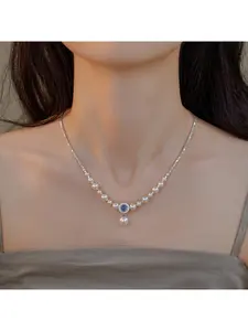 Genuine Aquamarine Pearl Necklace for Women Dainty Bohemian Vintage Style Adjustable Minimalist Layering Choker Collarbone Chain Jewelry Gift