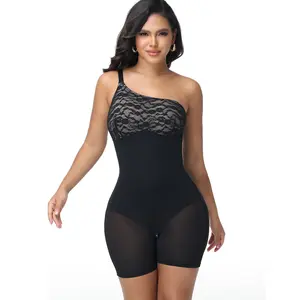 SHAPSHE Women's Lace Shapewear Single Shoulder Full Shaping Tummy Control Hip Lifting Round Neck Wireless Hollow Breathable Bodysuit with Silicone Strip & Adjustable Straps