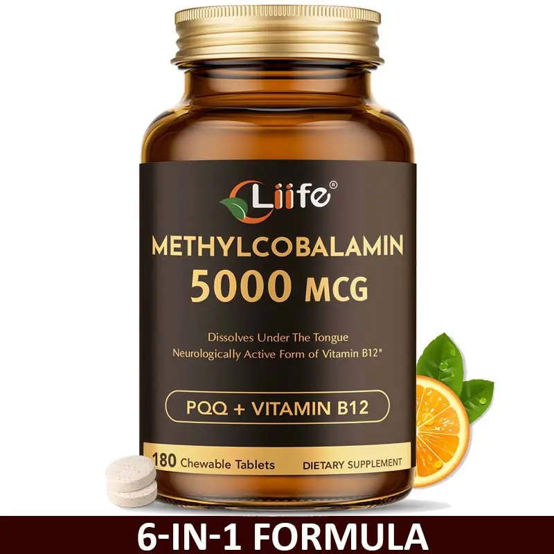 LIIFE 6-in-1 Chewable Dietary Supplement - 5000 mcg Methylcobalamin (Active B12), Active Folate, PQQ, Alpha Lipoic Acid, Gluten-Free, Orange-Flavored, 180 Tablets (Pack of 1), 6-Month Supply, Energy Support for Adult Brain Health (Single Item)