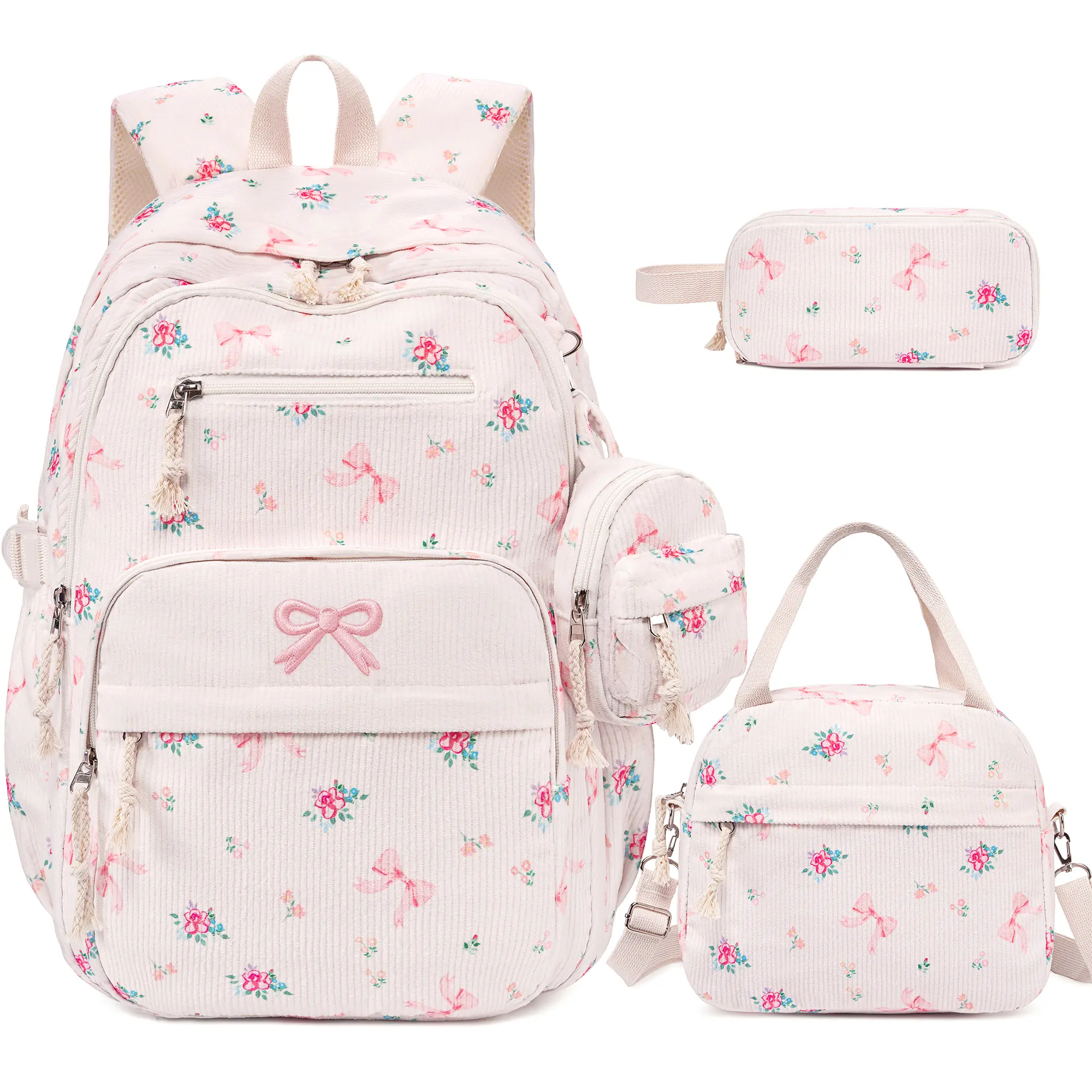 Similove 3PCS Bow Corduroy Backpack Bundle Set with Lunch Box & Pencil Pouch, School bag for Elementary Middle School,Back to School Gift,Birthday's Gift