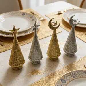2PCS Middle Eastern Style Eid Mubarak Ornaments 8.07" H×2.76" W, Star & Crescent Design, Lightweight Gold/Silver Options for Ramadan & Islamic Festival Home Table Decor Decoration