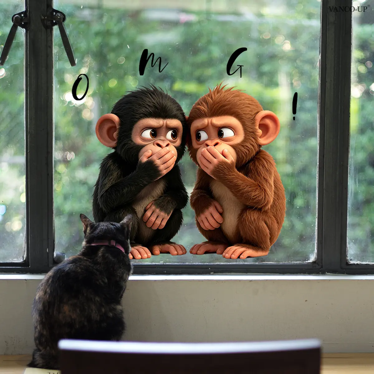 1Pc (30*30cm) Ins Style Funny Gorilla Window Sticker, Decorative Decal, Shocked Covered Mouth Gorilla with OMG Lettering, Static Adsorption Glueless Glass Decor Sticker