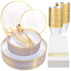 Wellife 175 Pcs  Clear Gold/green/Blue/Pink Plastic Dinnerware Set (25 Guests)Include 25 Dinner Plates,25 Dessert Plates,25 Cups,25 Cutlery Set,25 Napkins for Party