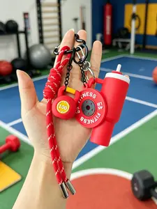 Red Fitness Gym Keychain with Kettlebell, Weight Plate & Shaker Bottle Charms, Sporty Handwoven Rope Bag Charm for Workout Fans, Stylish Aesthetic Accessory for Gym Bags, Backpacks & Daily Use