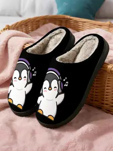 Cute Music Penguin Cotton Slippers, Base with Headphones and Note Elements, Soft Plush Lining, Casual Home Wear for Fall & Winter