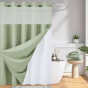 Waffle Weave No Hook Shower with Snap in Liner Set,Duty Textured with See Through Window,Waterproof & Machine Washable,Sage Green,71x72 Inch.