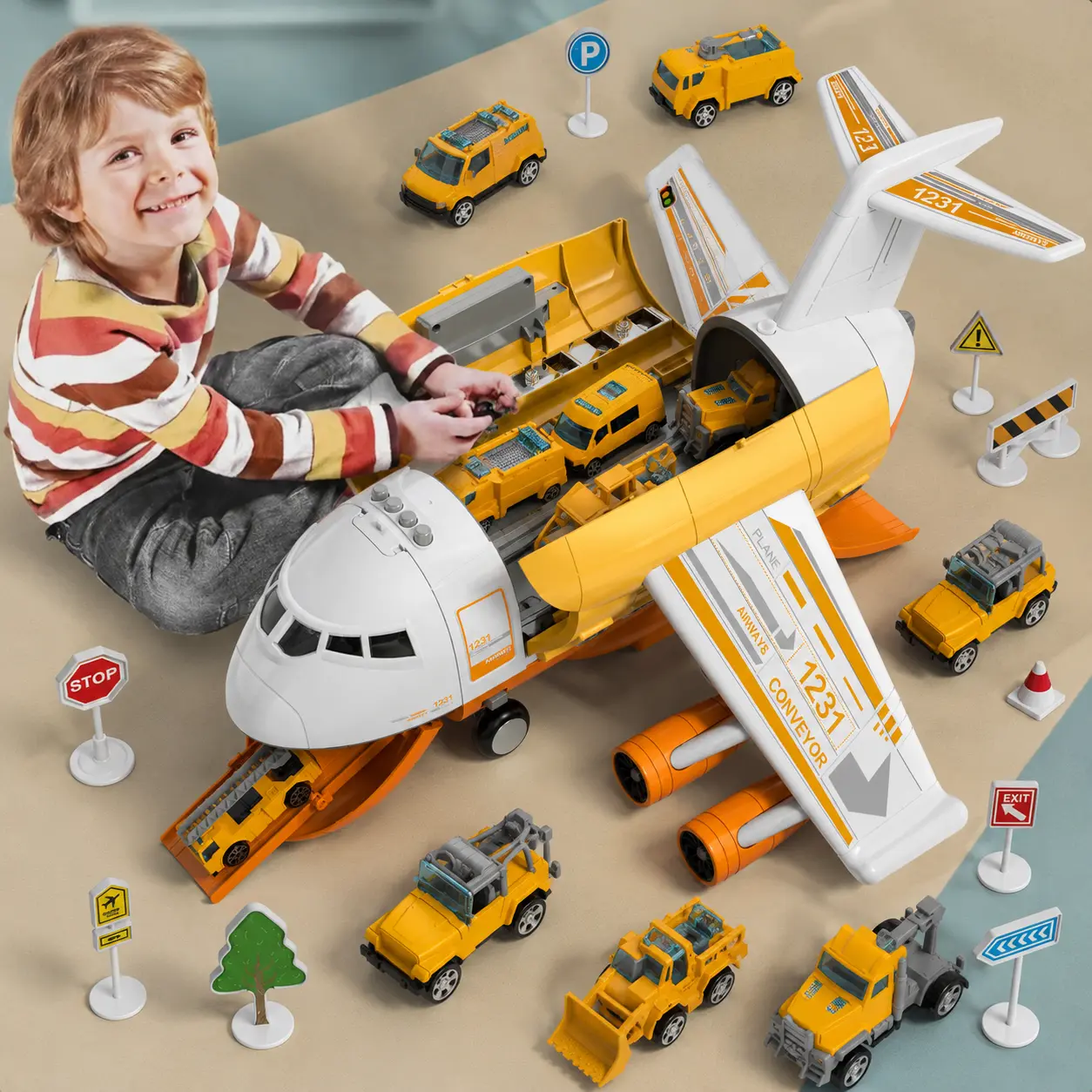 Q13 Unisex Cartoon Electric Airplane Toy for 3-4 Years, 360° Rotating Flight, Impact-Resistant Body, Large Storage Compartment, 10 Mini Cars, BPA-Free, City Simulation Science Learning Durable Interactive Development Toy