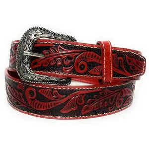 RED WESTERN LEATHER BELT. FLORAL EMBOSSED LEATHER BELT. COWBOY RODEO BELT