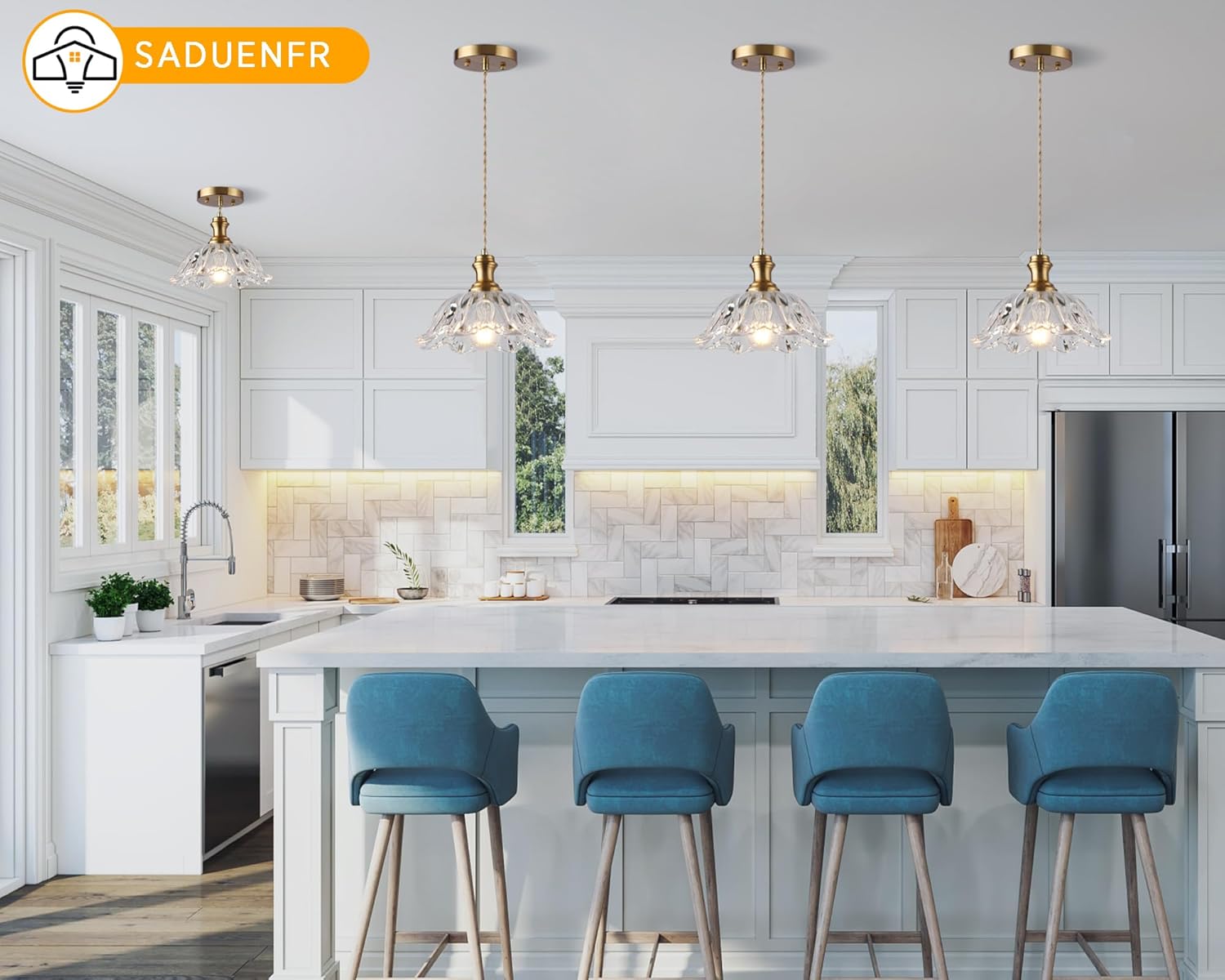 Gold Glass Pendant Lights, 10.6" 1-Light Vintage Hanging Light Fixtures with Flower Clear Glass Antique Brushed Brass Pendant Lighting for Kitchen Island Sink Dining Room