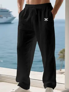 Men's High-Quality Linen Straight Leg Pants, Casual Drawstring Waist, Mid Waist, Asymmetrical Design, S-3xl, Durable and Easy Care, Tropical