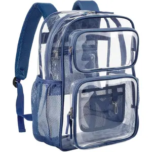 Clear Backpack for School - 17 inch Large Heavy Duty Clear Bookbag, See Through PVC Transparent Backpacks with 2 Front Pockets for College Work, Navy Blue (for age 12 above) springtok