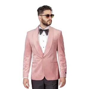 Slim Fit 1 Button Mens Pink Pastel Velvet Shawl Formal Dinner Jacket