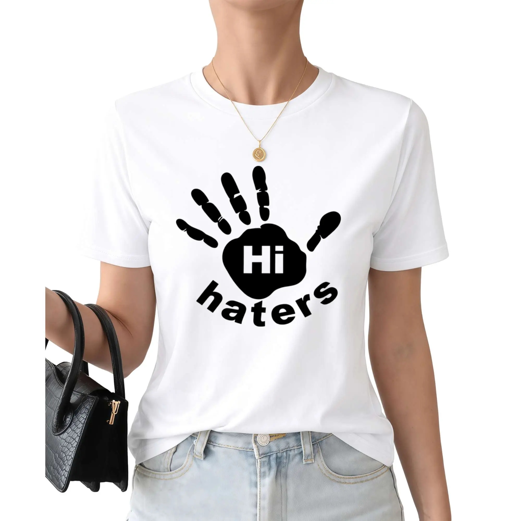 Short-sleeve tee for haters, double-sided shirt with “Hi Haters” on the front and “Bye Haters” on the back, women’s T-shirt, humorous top, sarcastic tee