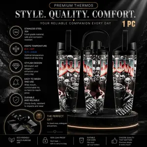 1pc 30.5oz DOOM Slayer Stainless Steel Tumbler with Handle & Dual Drink Lid, SUS304 Insulated Water Bottle, Leakproof Travel Mug, Skull & Demon Themed Cup for FPS Gamers