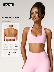 Women's Solid Wireless Halter Sports Bra, Breathable Comfortable High Stretch Sports Bra, Ladies Sportswear for Workout Gym Yoga