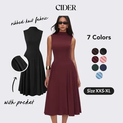 Cider Ribbed Knit High Neck Solid Ruffle Pocket Midi Dress - Fits Phone & Keys Womenswear Minimalist