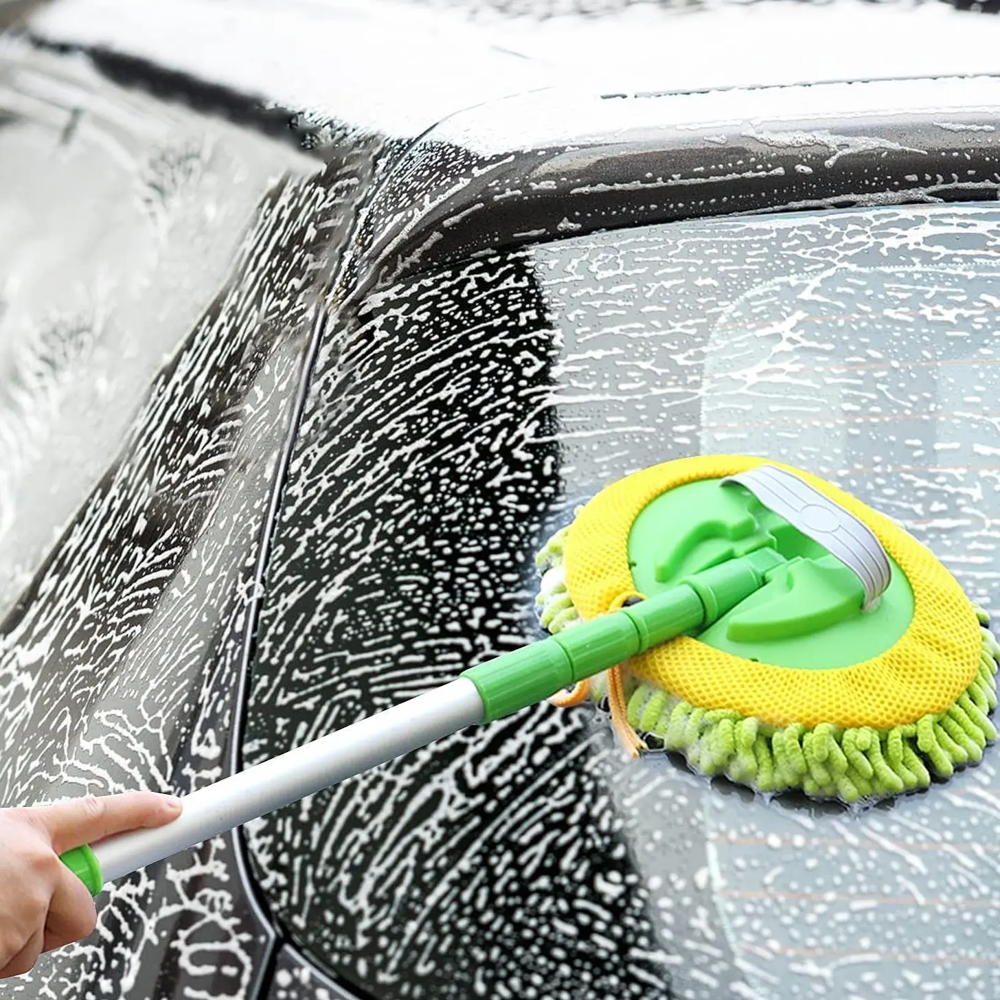 Long Handle Car Wash Brush Mop 2 in 1 Chenille Microfiber Sponge Duster Scratch Free for Cars Trucks SUVs RVs Boats Trailers