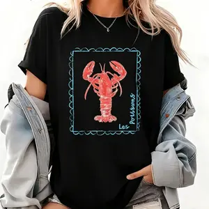 Unisex 100% Premium Cotton Graphic Tees Women, Colors Sea Lobster Print, French Coastal Distressed Nautical Fisherman Style, Soft Casual Summer Beach Menswear T-shirt Top - Love