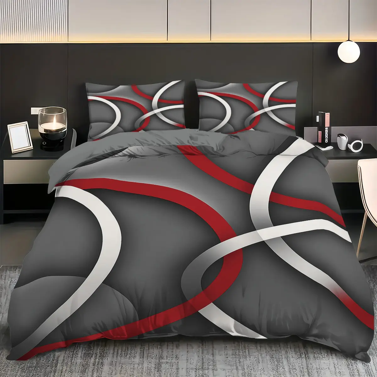 3-piece set (1 duvet cover 2 pillowcases, no core), modern geometric line printed duvet cover set, grey red spiral circle bedding suitable for all seasons, suitable for bedroom guest room, zipper closure, machine washable, Bed Sets Supplies