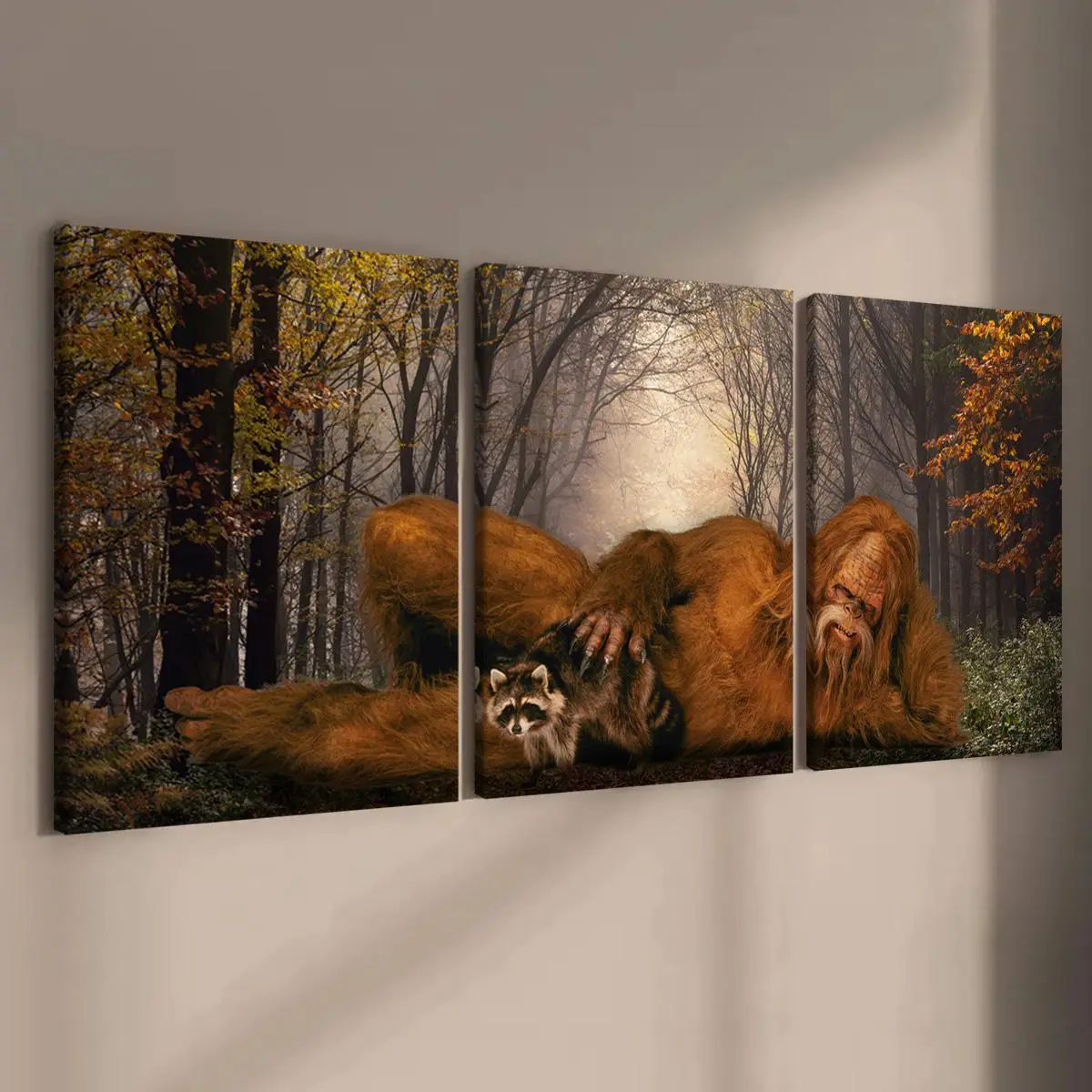 Wooden Framed Canvas Painting, 3 Counts/set Sasquatch & Animal & Tree Pattern Wall Art, Modern Wall Decor for Home Living Room Bedroom Office