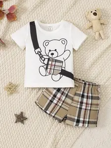 summer collection Boys' Shorts + Short Sleeve Set two-piece set with print Bear Holding Plaid Bag Print On White Shirt Breathable and loose, skin-friendly and soft Casual Home Wear Trendy and Versatile children's T-shirt and shorts boy fashion casual