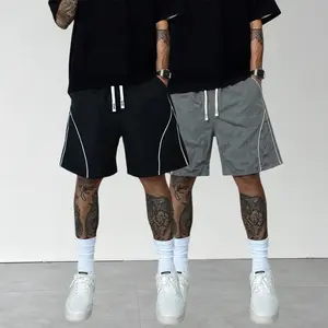 Men’s two-piece polyester nylon athletic shorts set featuring contrasting lines, elastic waistband with drawstring, street-style casual bermuda shorts