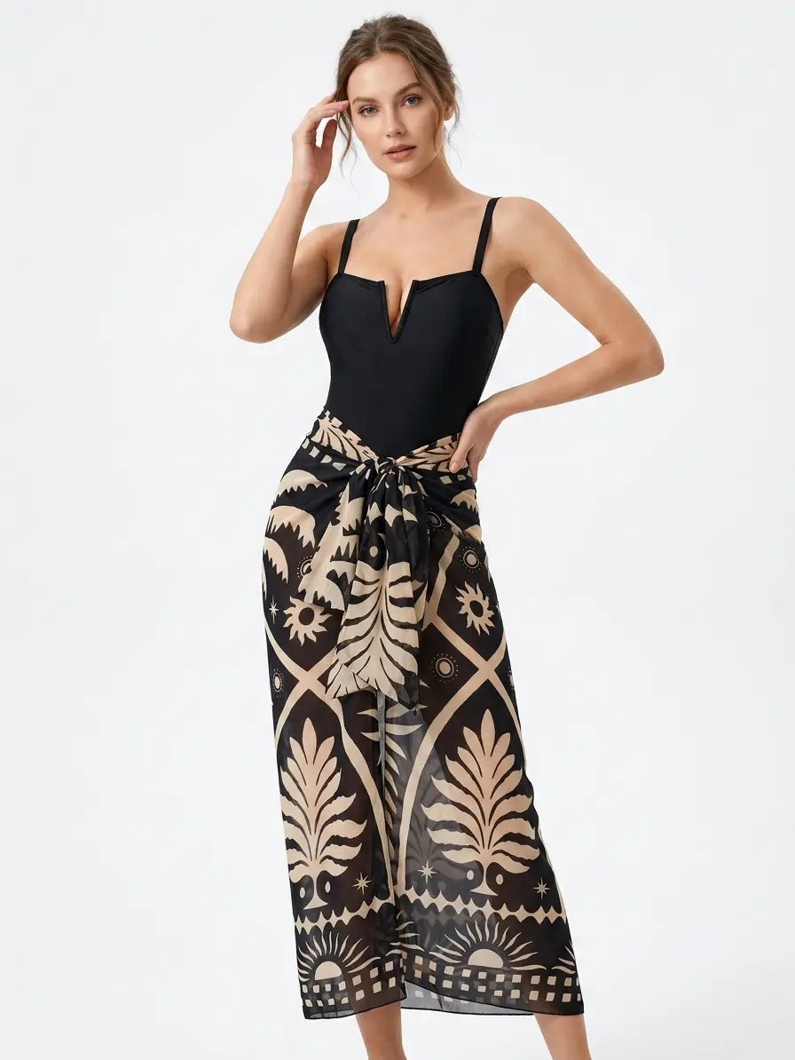 Women's 2-Piece Quiet Luxury Swim Set - V-Notch Spaghetti Strap Ocean-Style Swimsuit, Vintage Tropical Botanical Print Tie-Wrap Midi Sarong Cover-Up for Cruise Beach Holiday, Summer Travel