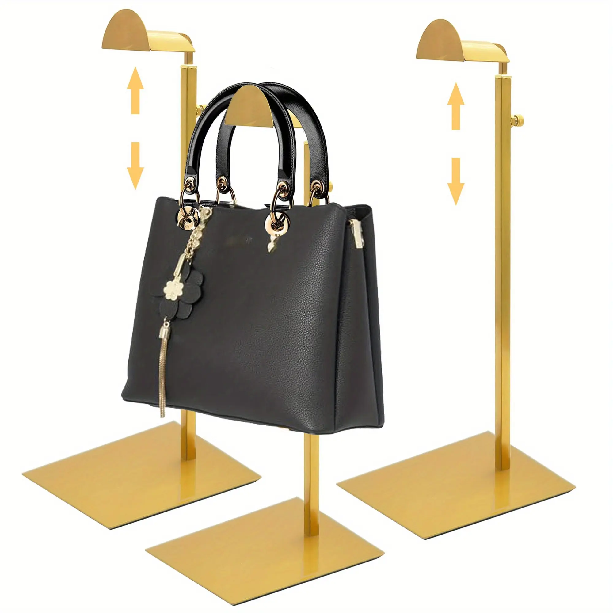 3 Pack Stainless Steel Handbag Display Stand,wallet display stand with a sturdy and durable metal base ，Adjustable Height Metal Handbag Holder Single Bag Jewelry Display Rack for Home， Retail,  Boutique ，Commercial Store Counter and Parties (Gold）